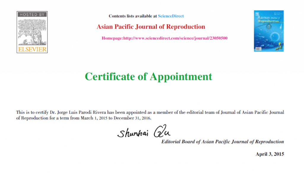 Certificado Asian Pacific Journal of Reproduction